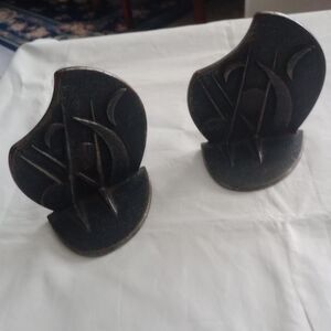 Vintage Moon Music Note Bookends (2) Cast Iron Abstract Art Deco 4" X 3.5"